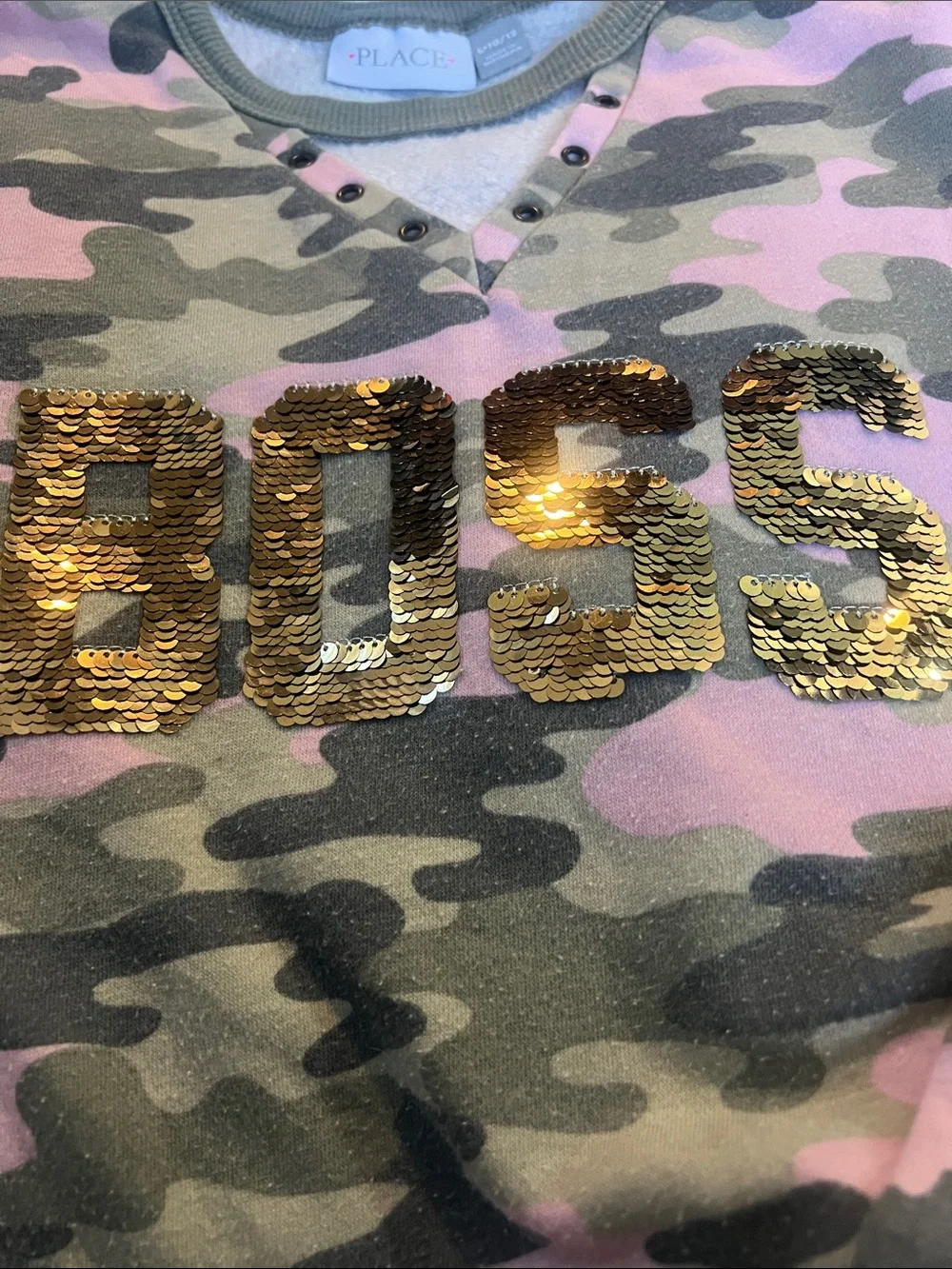 The Children's Place Pink & Olive Camo Sequin BOSS Sweatshirt